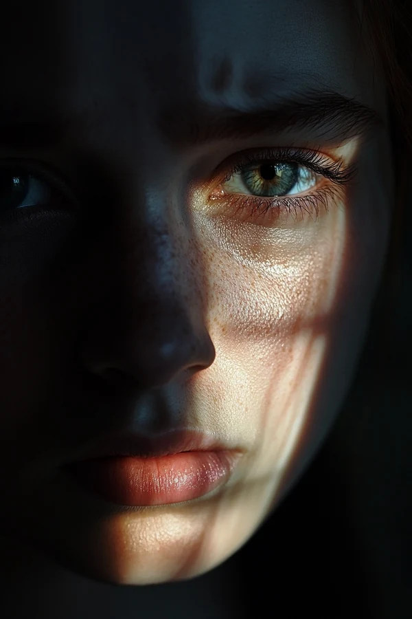 Emergency solo fund — woman face partially lit, shifting from stress to resolve, real financial moment
