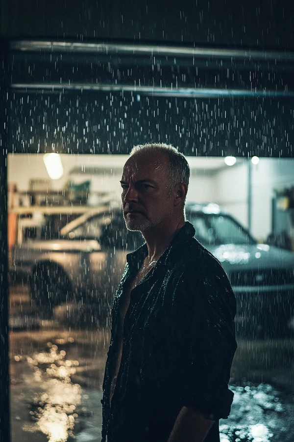 Emergency solo fund — American man standing in rain outside mechanic shop, resolve in difficult moment