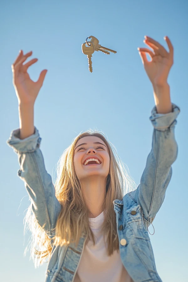 Moving solo fund — young woman tossing house keys, celebrating new home financed with solo lending