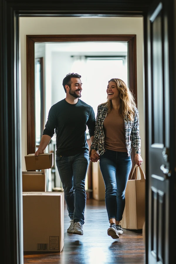 Moving solo fund — couple walking into new apartment together, real financial moment of new beginning