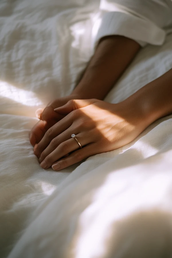 Wedding solo fund — hands with engagement ring clasped together, warm overexposed light, financial partnership
