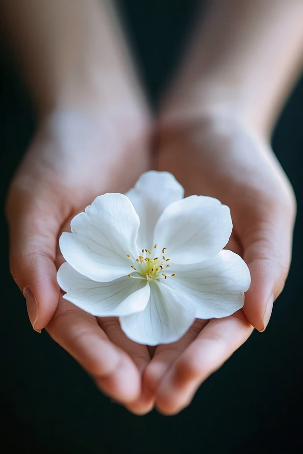 Wedding solo fund — close-up of white flower in hands, delicate airy real moment of financial planning