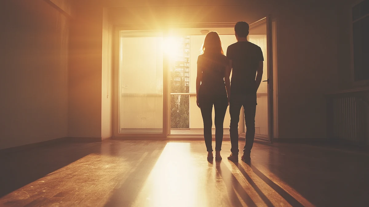 Solo fund moving loan — couple at door of new apartment, real financial moment